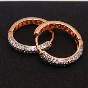 Stunning 18k. Rose Gold Over Sterling Silver 25mm Round Hoop Earrings With CZ's